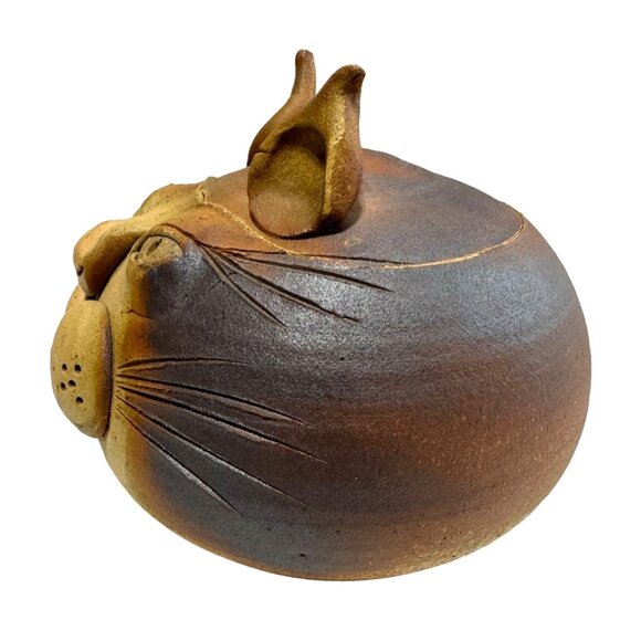 RARE CAT FACE BOWL STUDIO POTTERY KITTEN BOWL TAN BROWN 4.5"X 5.25" HTF NO FLAWS - Picture 2 of 4